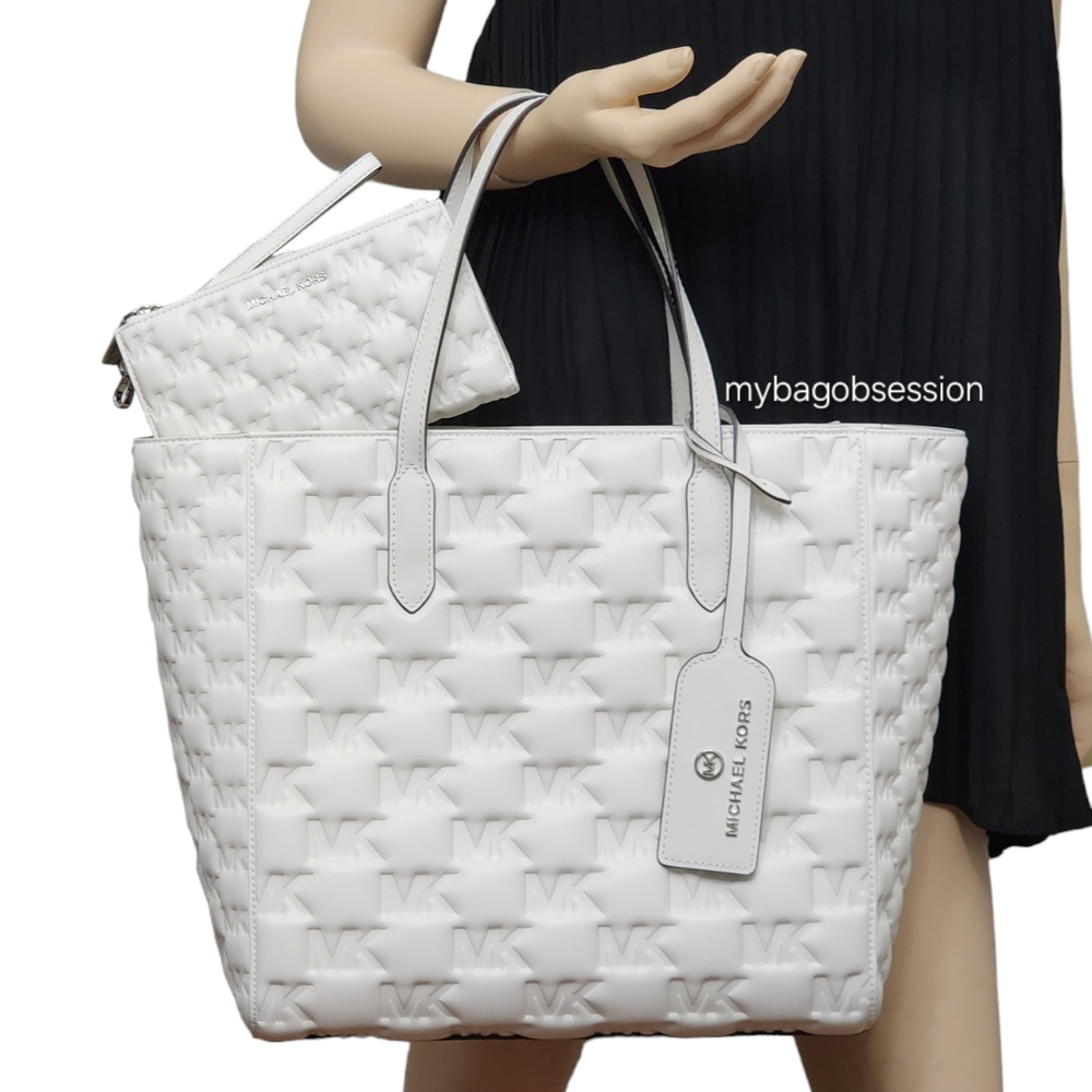 Michael Kors Sinclair Embossed Logo Large White Tote SET